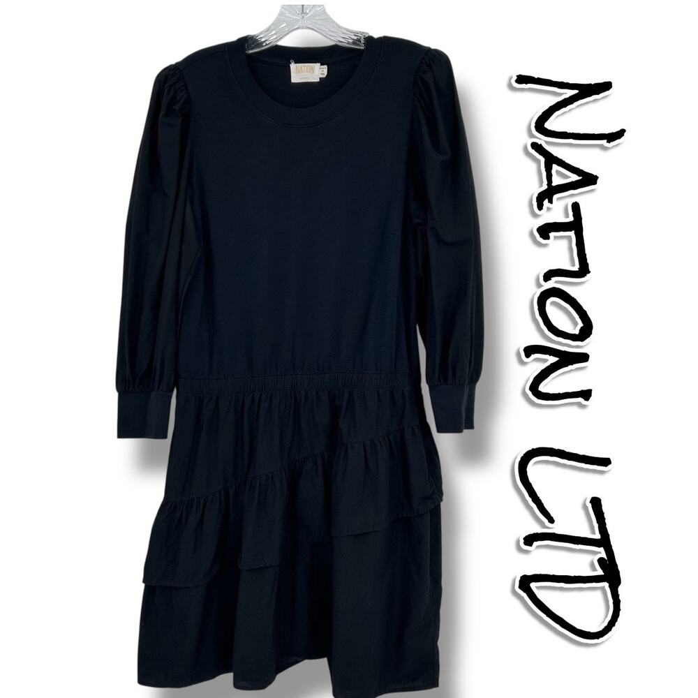 Nation LTD Tenley Black Mixed Media Puff Sleeve Tiered Dress Womens Size M